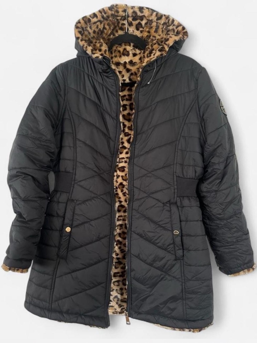Bebe Reversible Leopard Puffer Jacket L New